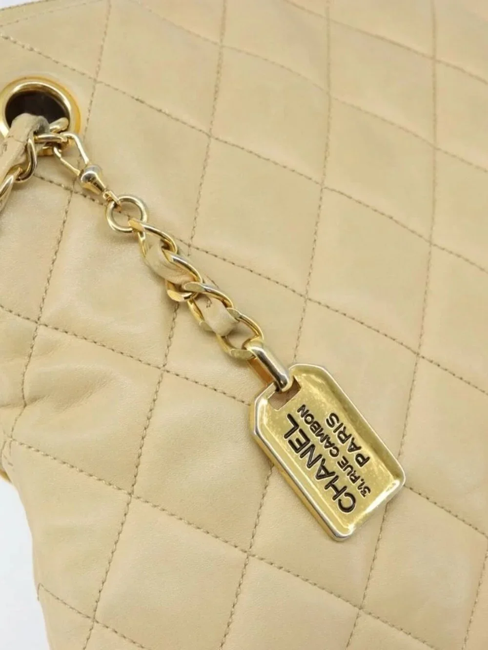 CHANEL Matelasse Chain Shoulder Tote Bag Lamb Skin Beige Gold CC Auth ARZ444